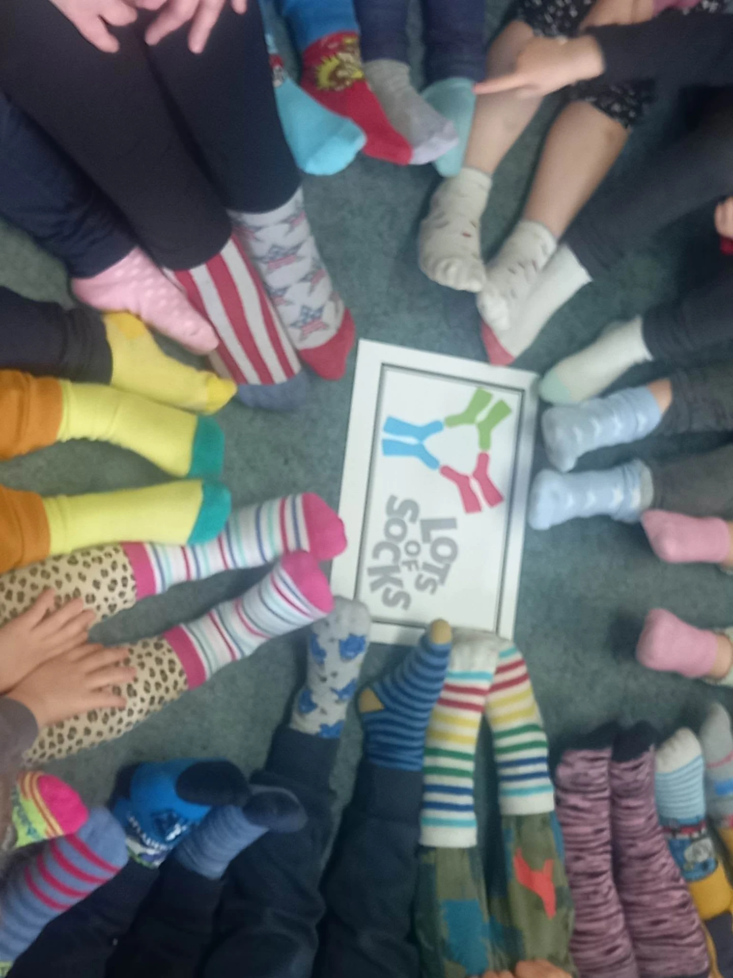 A circle of odd socks on a carpet around a Lots of Socks sign